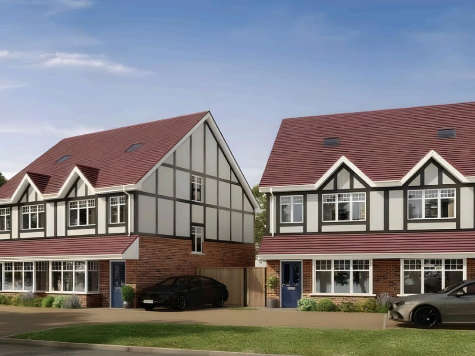 Front elevation of new build semi-detached homes at Woolmansterne Lane, Wallington SM6 0SU.