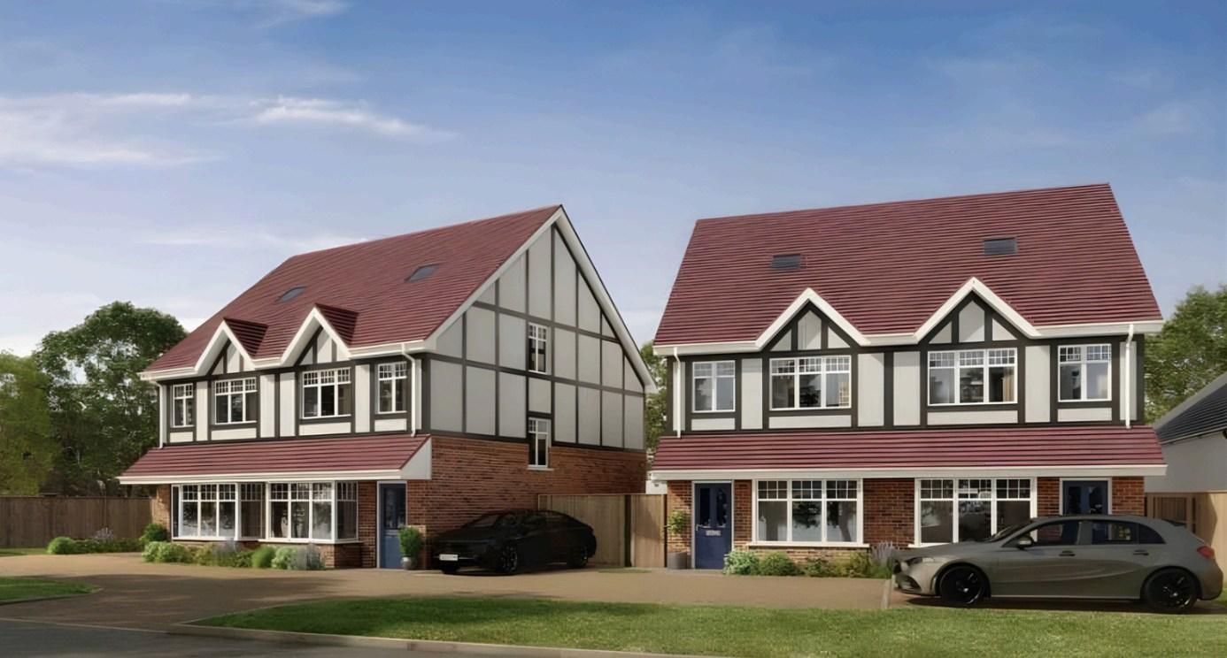 Front elevation of new build semi-detached homes at Woolmansterne Lane, Wallington SM6 0SU.
