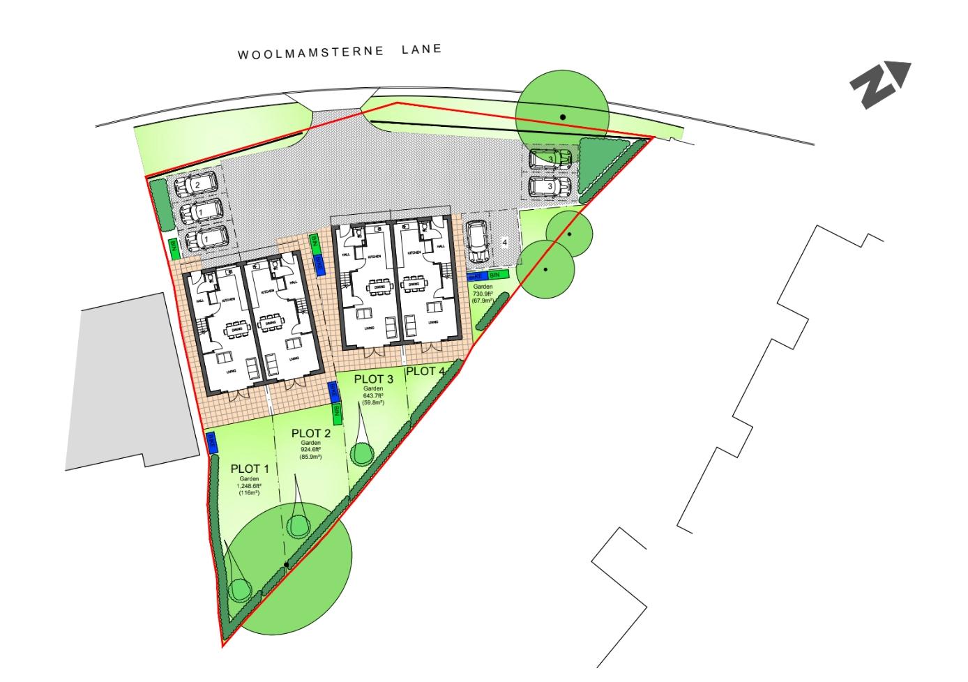 Site plan of Woolmansterne Lane development in Wallington showing four new build homes with private gardens and parking spaces.